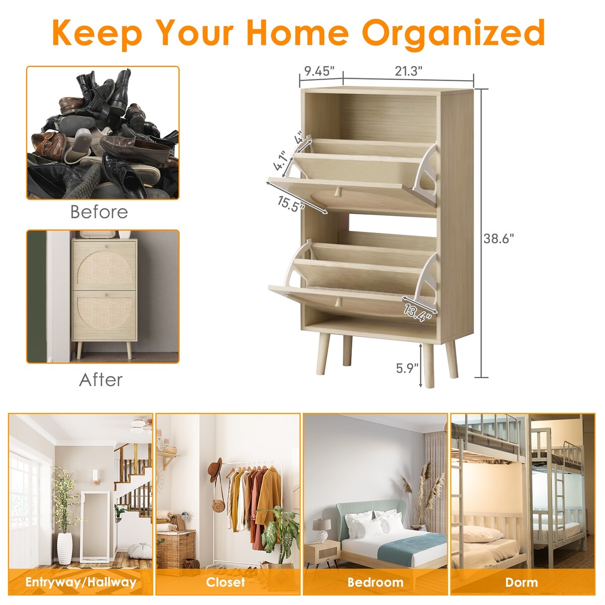2 Drawers Shoe Cabinet Rattan Shoe Rack Shoe Storage