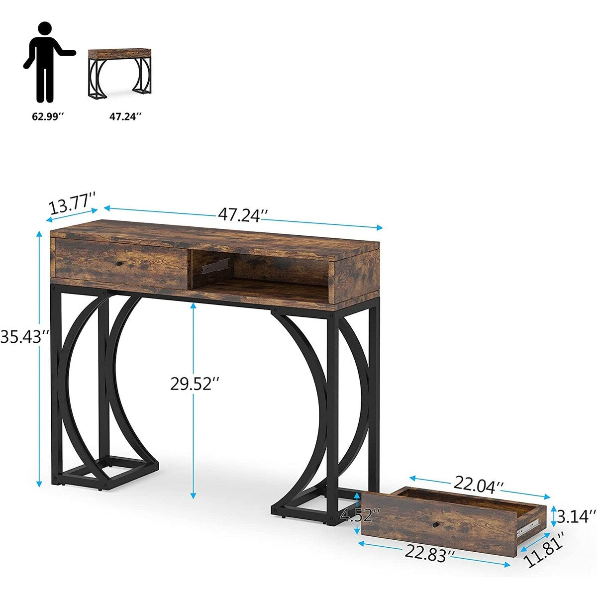 2 Drawers Sofa Table Console Table, 47.24" Hallway Table with Stable Metal Frame for Living Room - 47.24"L x 13.77"W x 35.43"H