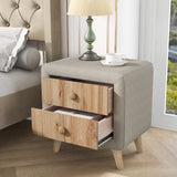 2 Drawers Upholstered Wooden Nightstand Bedside Table with Rubber Wood Leg
