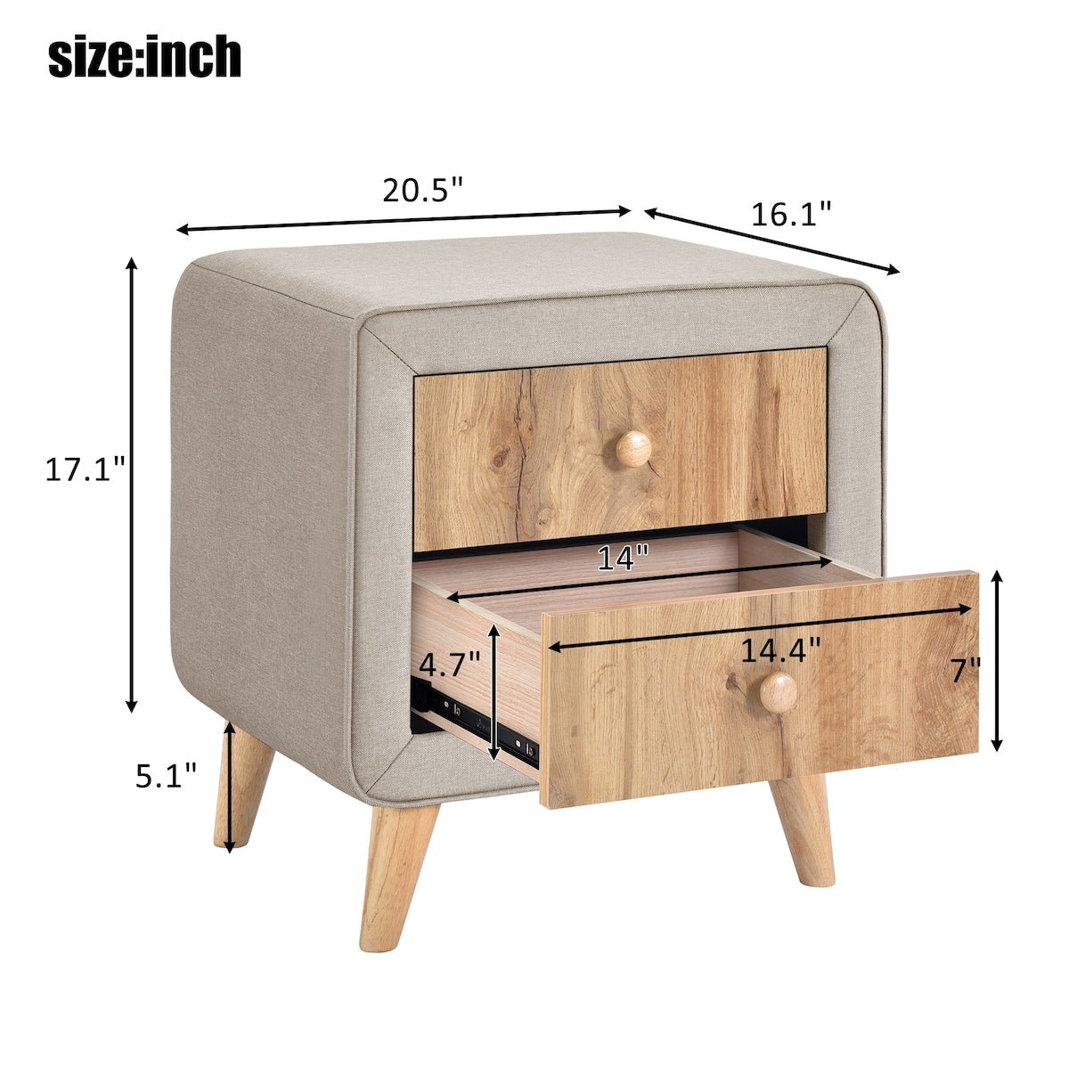 2 Drawers Upholstered Wooden Nightstand Bedside Table with Rubber Wood Leg