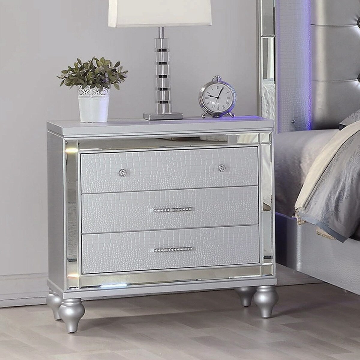 2 Drawers Wooden Nightstand with Built-In Wireless Charging in Silver