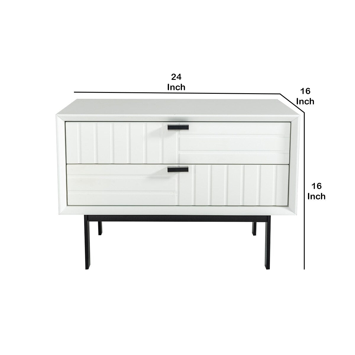 2 Drawers Wooden Nightstand with Metal Bar Pulls, White and Black