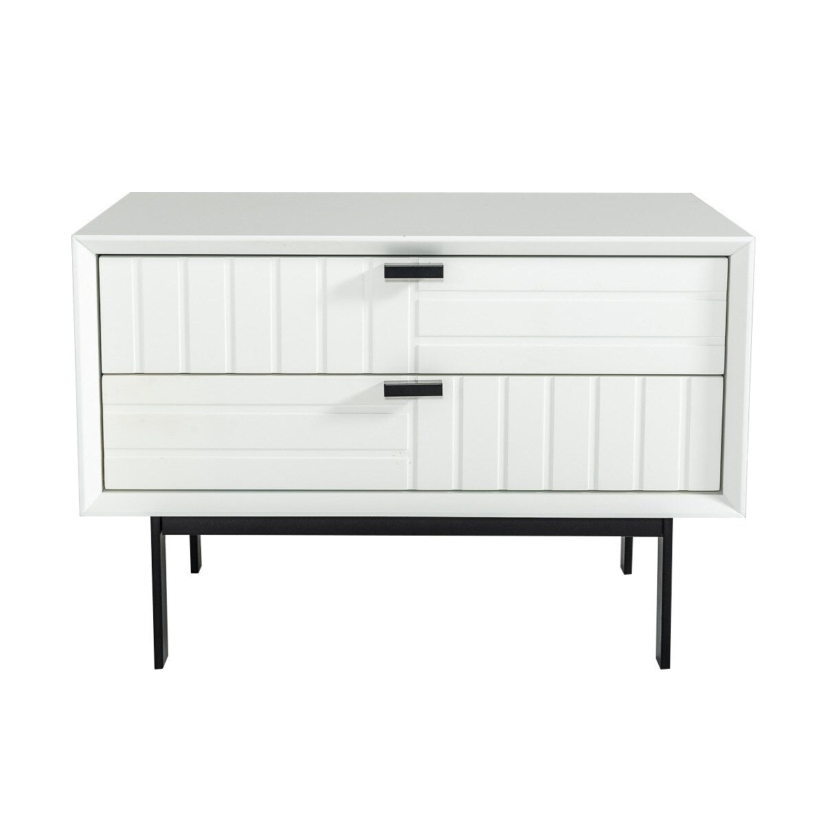 2 Drawers Wooden Nightstand with Metal Bar Pulls, White and Black