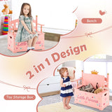 2-In-1 Kids Princess Wooden Toy Box with Safe Hinged Lid-Pink - 23.5" x 12" x 25"(L x W x H)