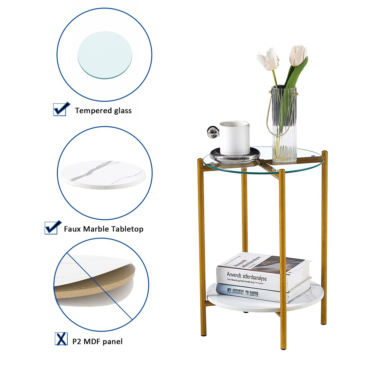 2-Layer End Table with Tempered Glass and Marble Tabletop,Round Coffee Table with Golden Metal Frame for Bedroom Living Room