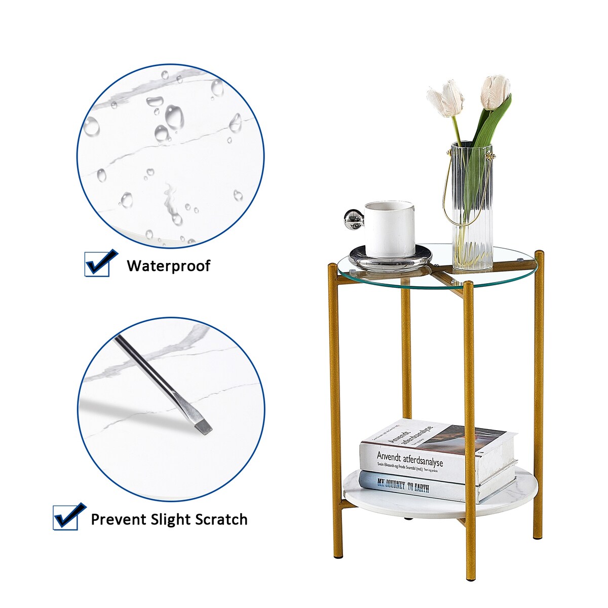 2-Layer End Table with Tempered Glass and Marble Tabletop,Round Coffee Table with Golden Metal Frame for Bedroom Living Room
