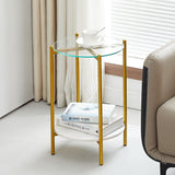 2-Layer End Table with Tempered Glass and Marble Tabletop,Round Coffee Table with Golden Metal Frame for Bedroom Living Room