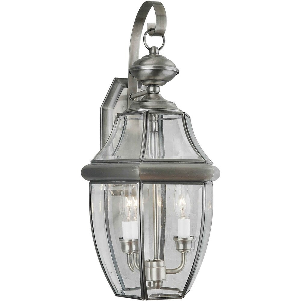 2-Light Antique Pewter Outdoor Wall Lantern with Clear Beveled Glass Panels