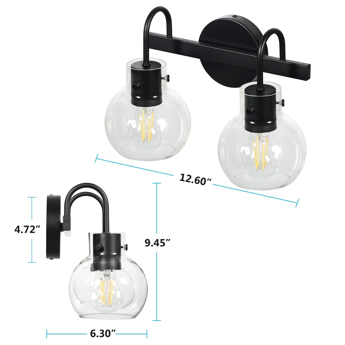 2-Light Bathroom Vanity Light with Clear Glass Shade, Wall Lighting Fixture