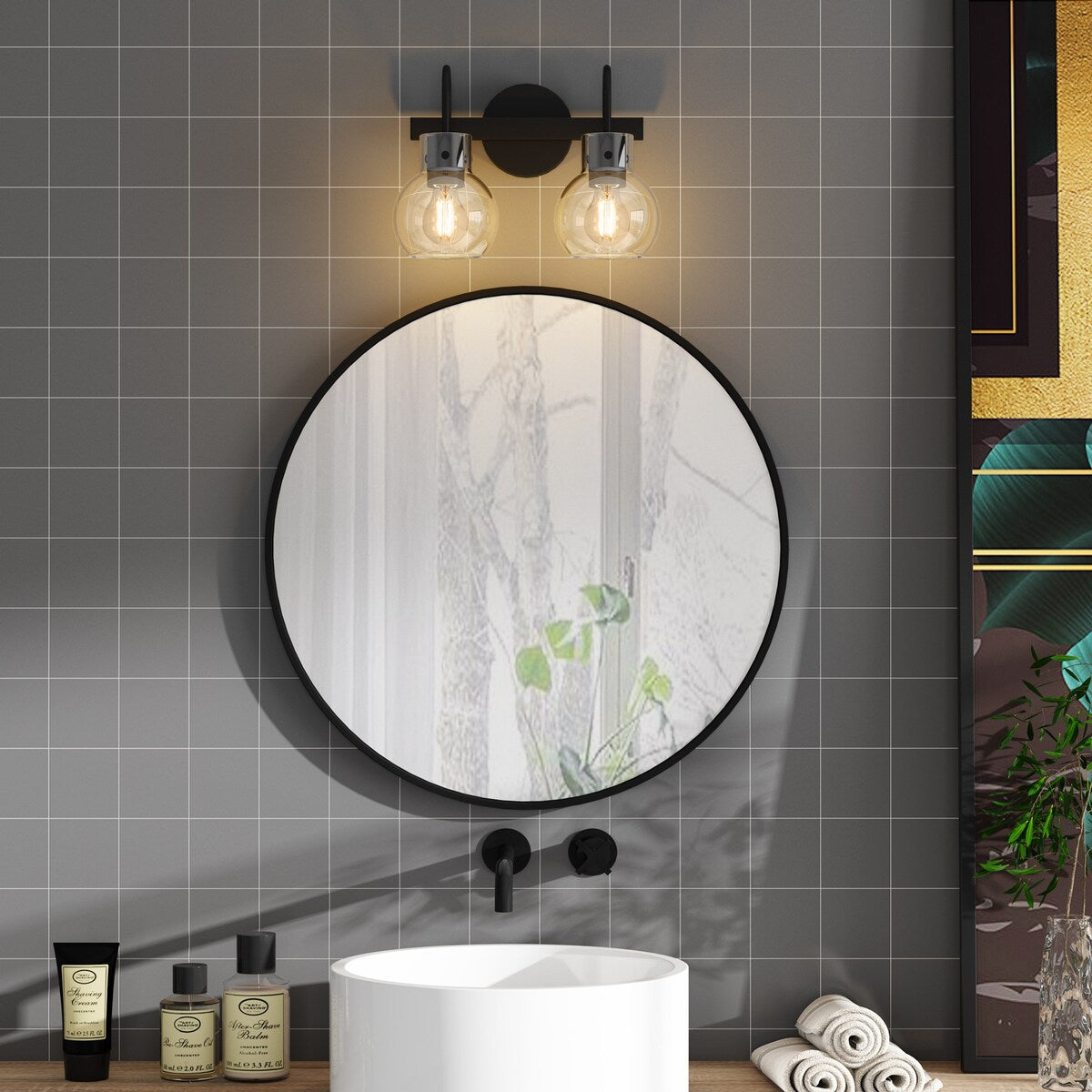 2-Light Bathroom Vanity Light with Clear Glass Shade, Wall Lighting Fixture