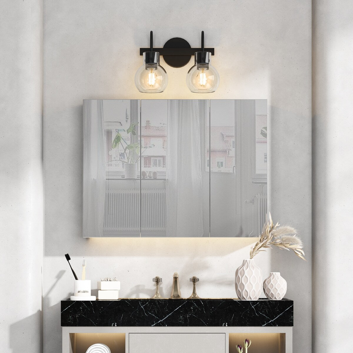 2-Light Bathroom Vanity Light with Clear Glass Shade, Wall Lighting Fixture