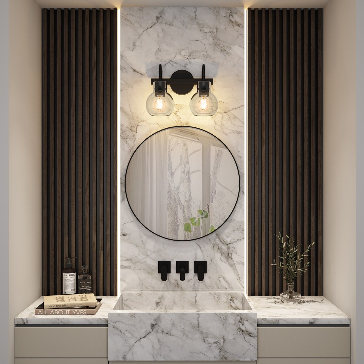 2-Light Bathroom Vanity Light with Clear Glass Shade, Wall Lighting Fixture