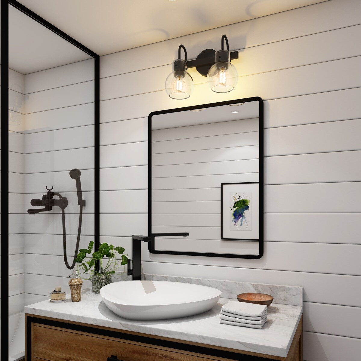 2-Light Bathroom Vanity Light with Clear Glass Shade, Wall Lighting Fixture