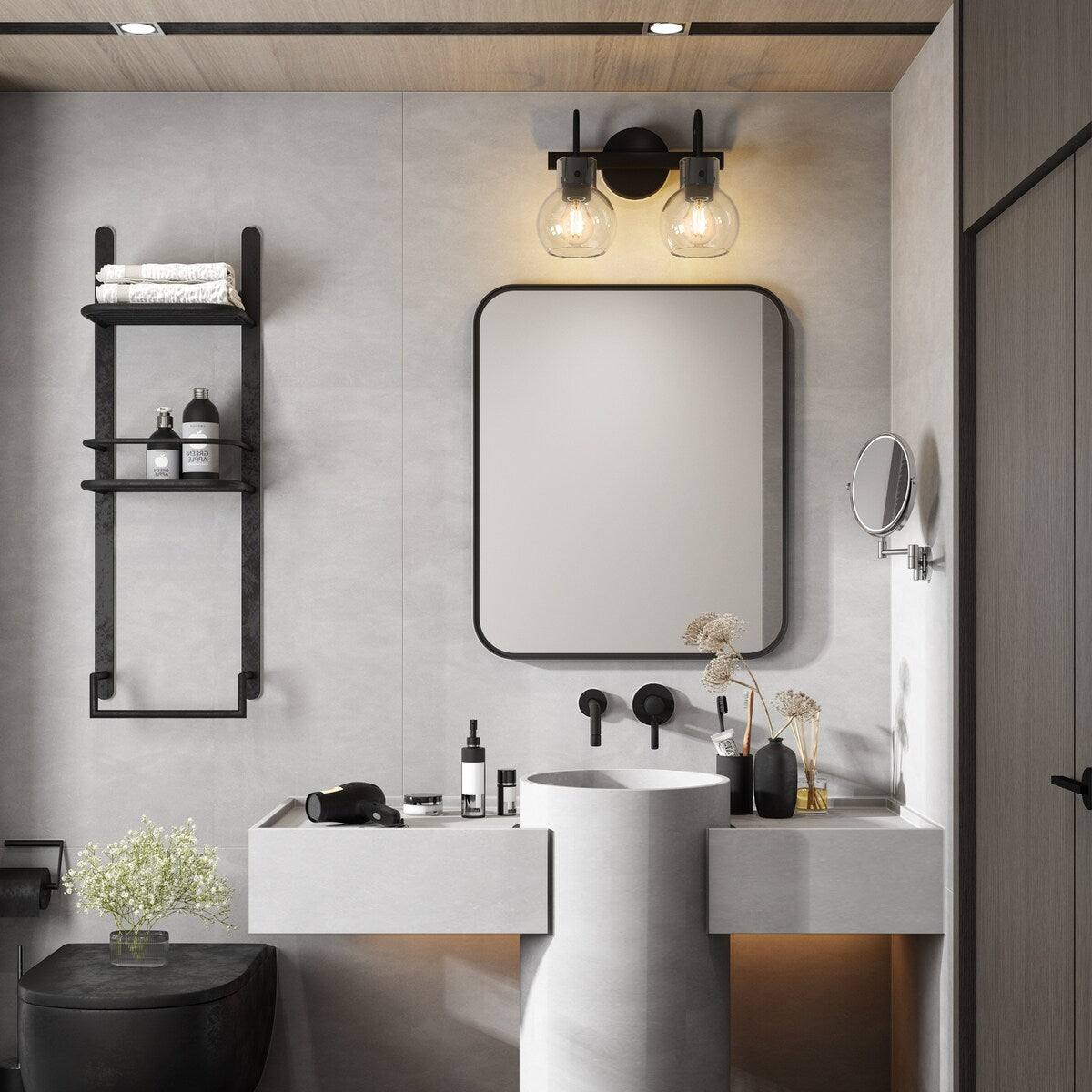 2-Light Bathroom Vanity Light with Clear Glass Shade, Wall Lighting Fixture