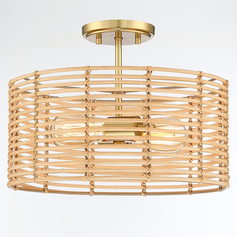 2-Light Bohemian Rattan Semi-Flush Mount Ceiling Light - D15.5"x H11.5" - 15.5 in. W