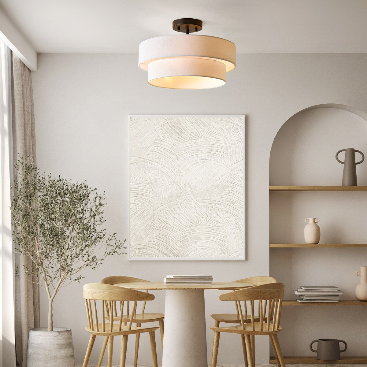 2-Light Semi-Flush Mount Ceiling Light, Matte Black, 2-Tier, White Linen Shade, Home Improvement, Dining Room, Kitchen - 15"