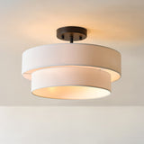 2-Light Semi-Flush Mount Ceiling Light, Matte Black, 2-Tier, White Linen Shade, Home Improvement, Dining Room, Kitchen - 15"