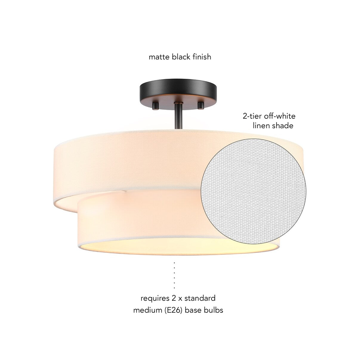 2-Light Semi-Flush Mount Ceiling Light, Matte Black, 2-Tier, White Linen Shade, Home Improvement, Dining Room, Kitchen - 15"