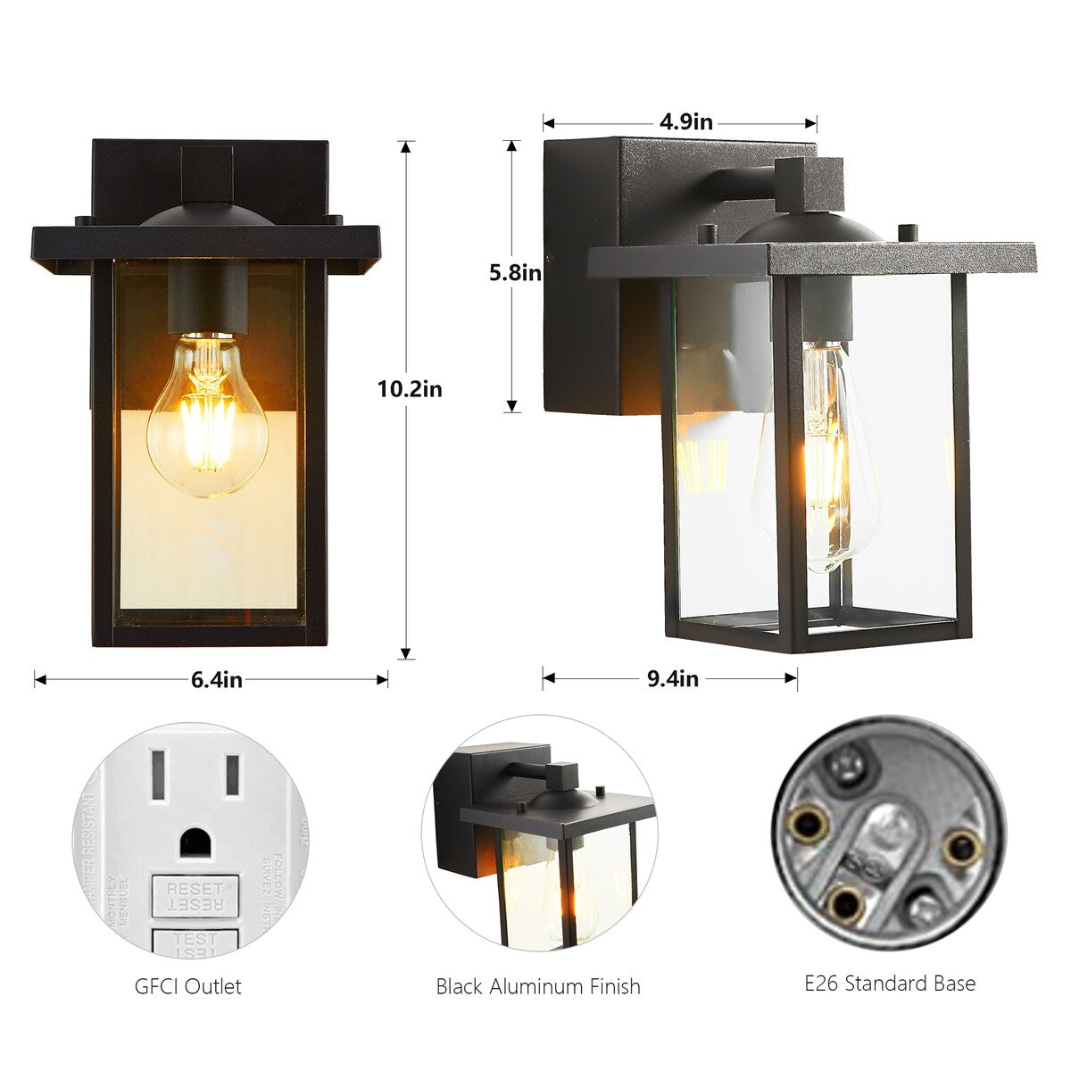 2 PACK Outdoor Wall Sconce with GFCI Outlet - 9.75-inch