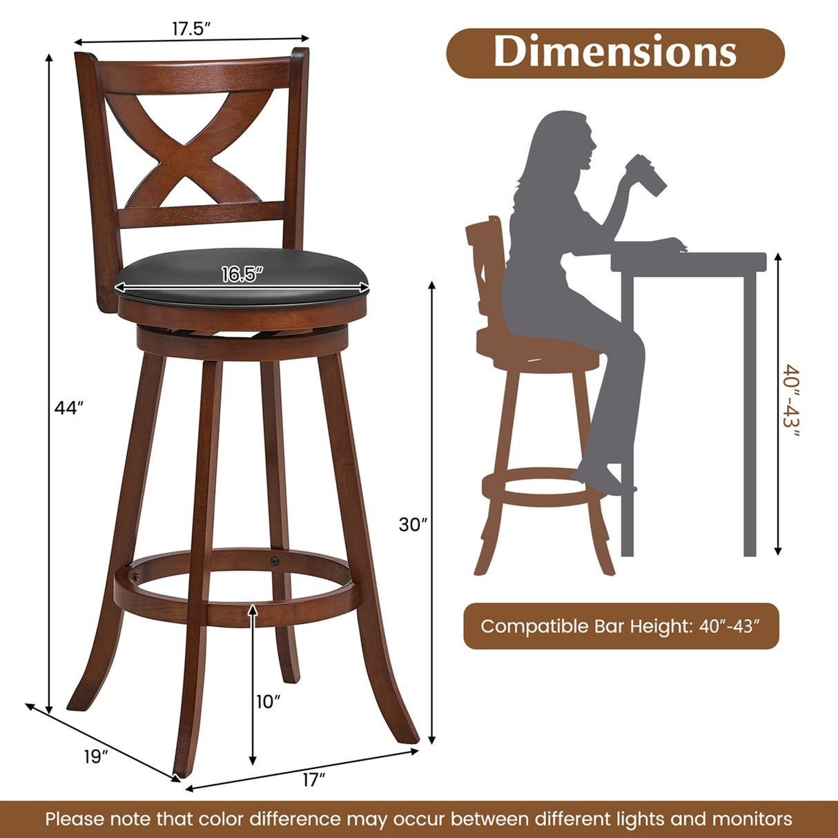 2 PCS Bar Stools Classic Counter/ Bar Height Swivel Chairs