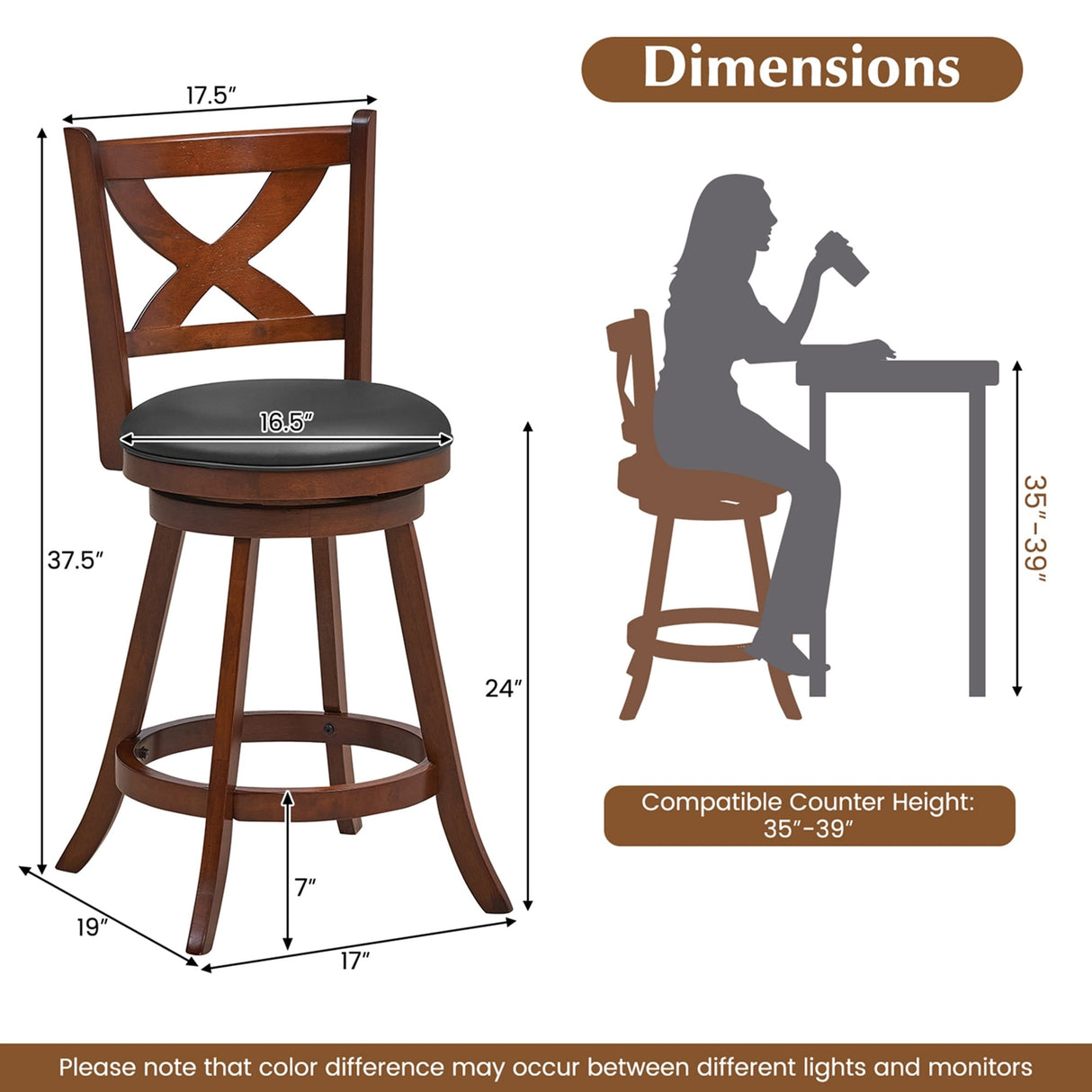 2 PCS Bar Stools Classic Counter/ Bar Height Swivel Chairs