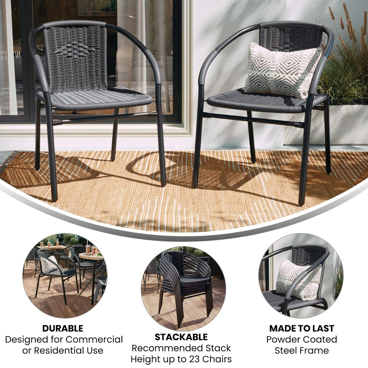 2 Pack Rattan Indoor-Outdoor Restaurant Stack Chair with Curved Back