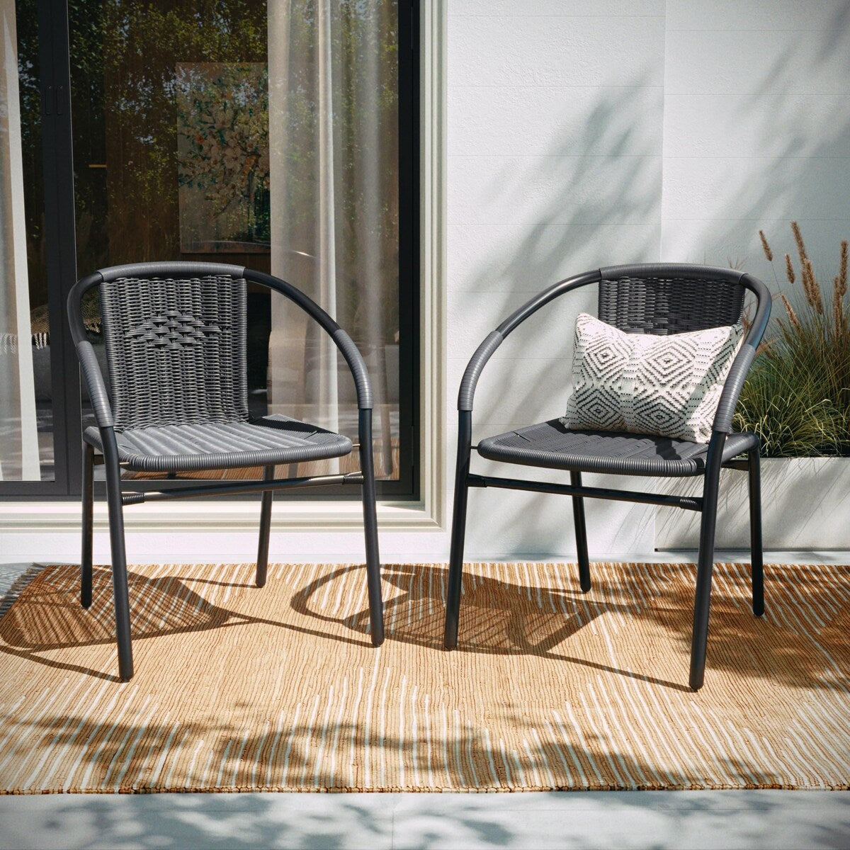 2 Pack Rattan Indoor-Outdoor Restaurant Stack Chair with Curved Back