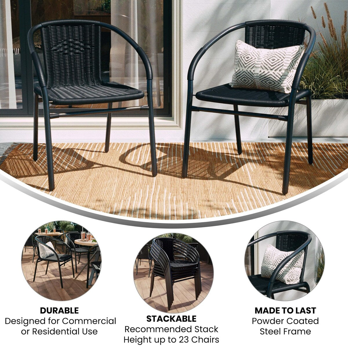 2 Pack Rattan Indoor-Outdoor Restaurant Stack Chair with Curved Back