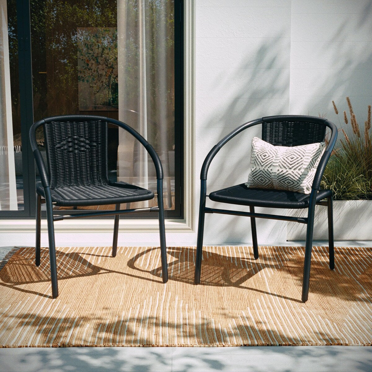 2 Pack Rattan Indoor-Outdoor Restaurant Stack Chair with Curved Back