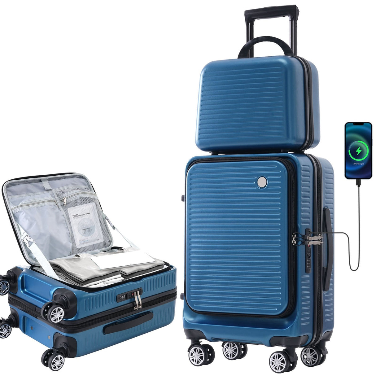 2 Pcs Carry-on Luggage Set, 20" Front Loading Suitcase USB Port TSA Lock, with Underseat Case