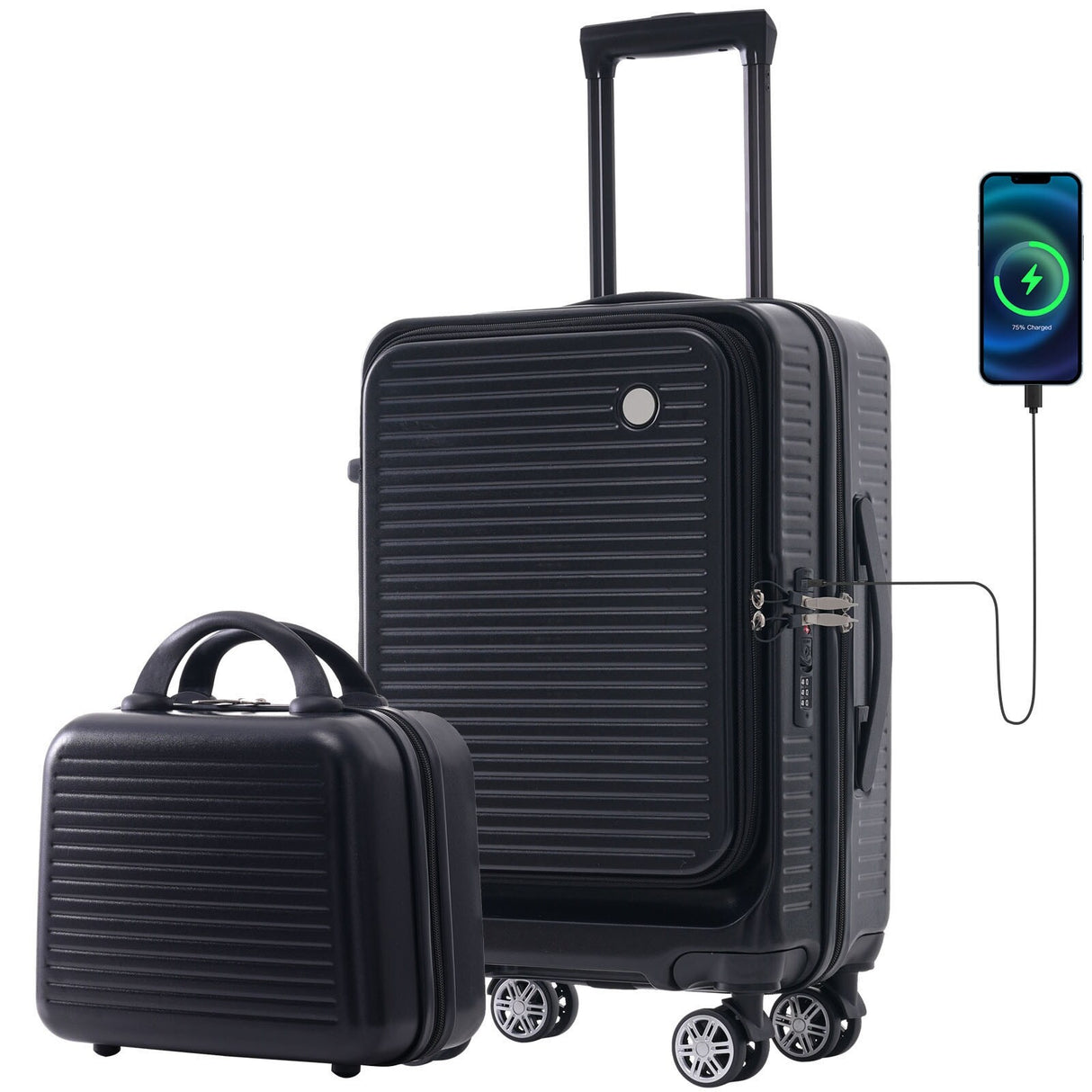 2 Pcs Carry-on Luggage Set, 20" Front Loading Suitcase USB Port TSA Lock, with Underseat Case