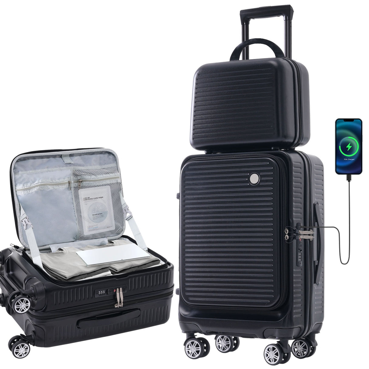 2 Pcs Carry-on Luggage Set, 20" Front Loading Suitcase USB Port TSA Lock, with Underseat Case