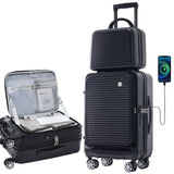 2 Pcs Carry-on Luggage Set, 20" Front Loading Suitcase USB Port TSA Lock, with Underseat Case