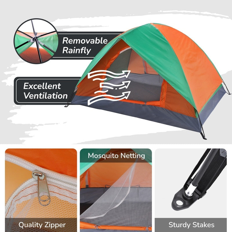 2-Person Double Door Camping Dome Tent Orange & Green
