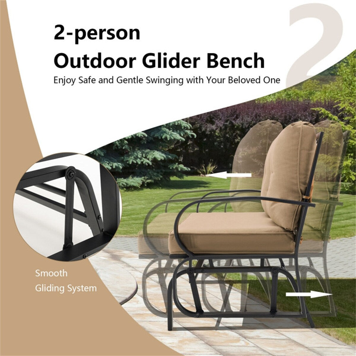 2-Person Patio Glider Bench Cushioned Armrest Rocking Loveseat
