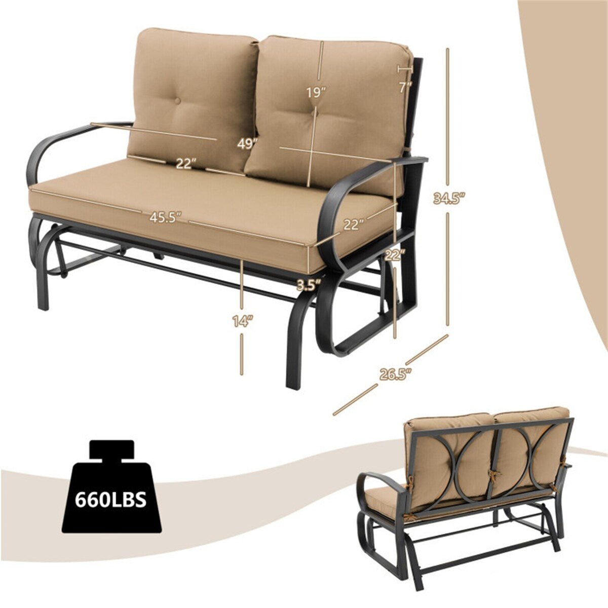 2-Person Patio Glider Bench Cushioned Armrest Rocking Loveseat