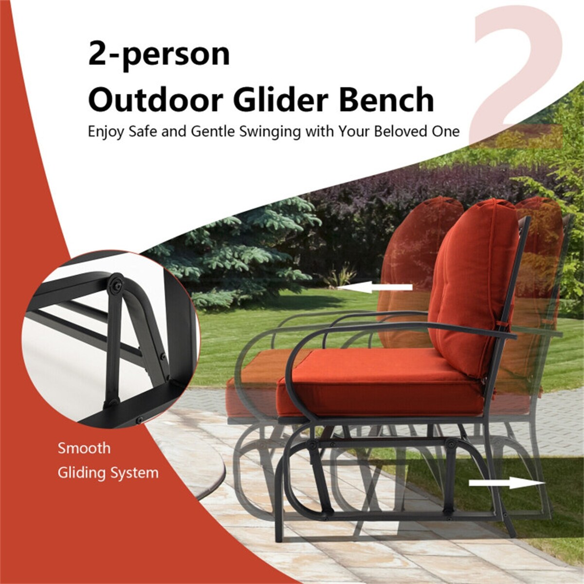 2-Person Patio Glider Bench Cushioned Armrest Rocking Loveseat
