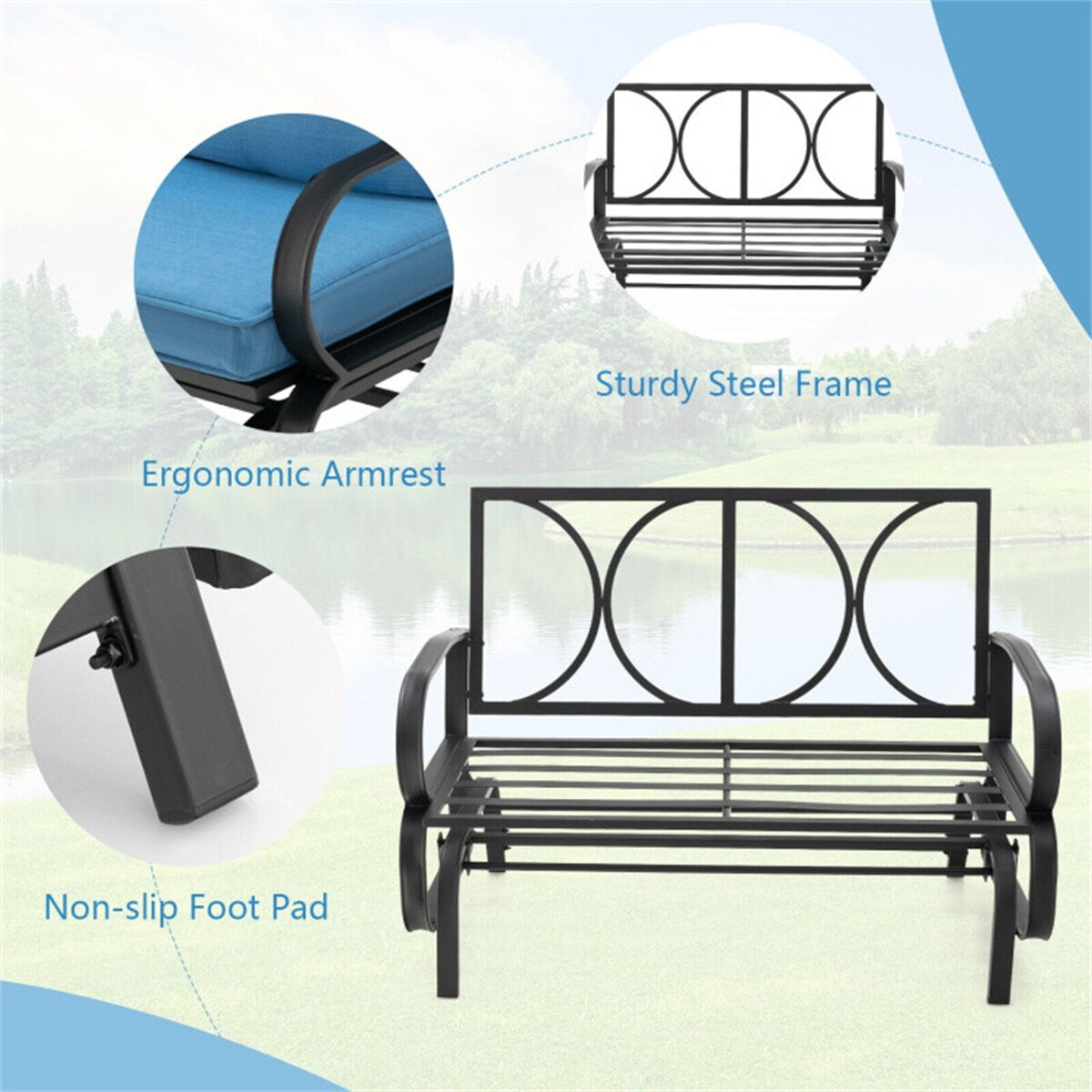 2-Person Patio Glider Bench Cushioned Armrest Rocking Loveseat