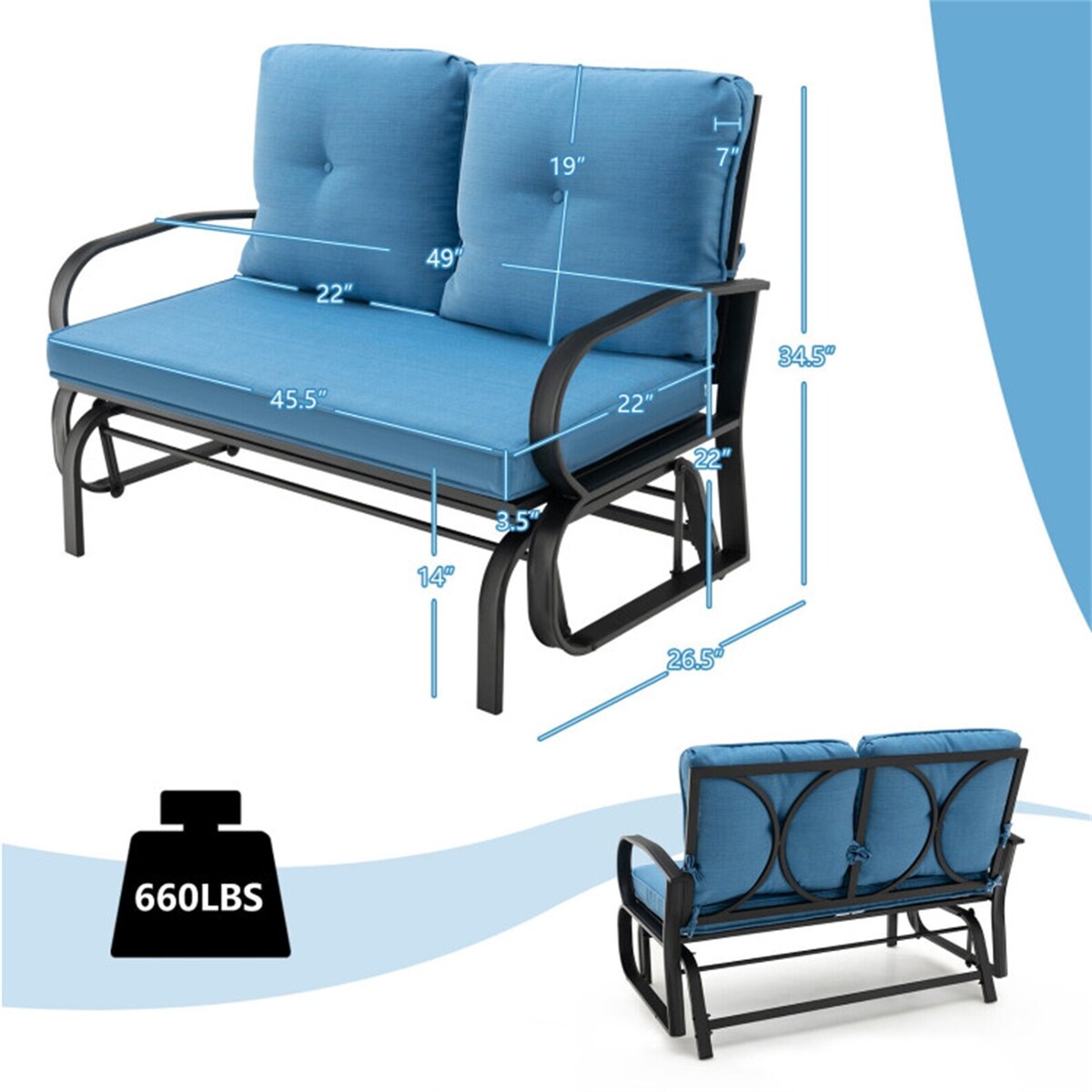 2-Person Patio Glider Bench Cushioned Armrest Rocking Loveseat