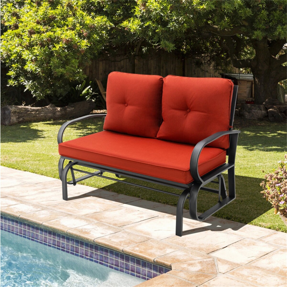 2-Person Patio Glider Bench Cushioned Armrest Rocking Loveseat
