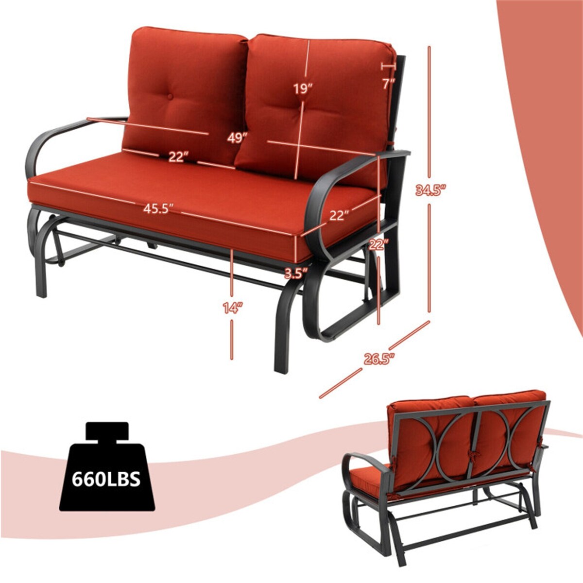 2-Person Patio Glider Bench Cushioned Armrest Rocking Loveseat