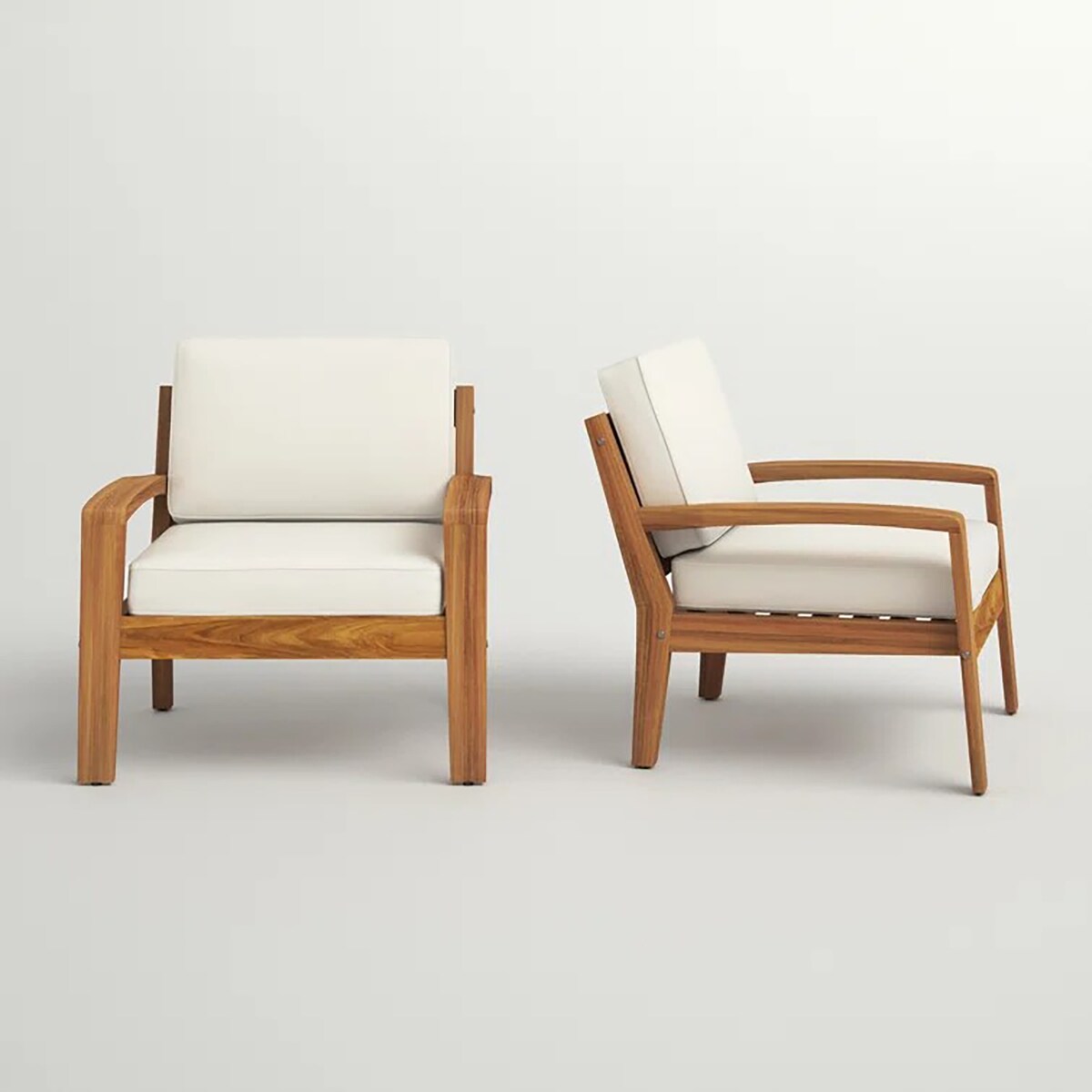 2-Piece Acacia Wood Club Chair with Beige Cushions