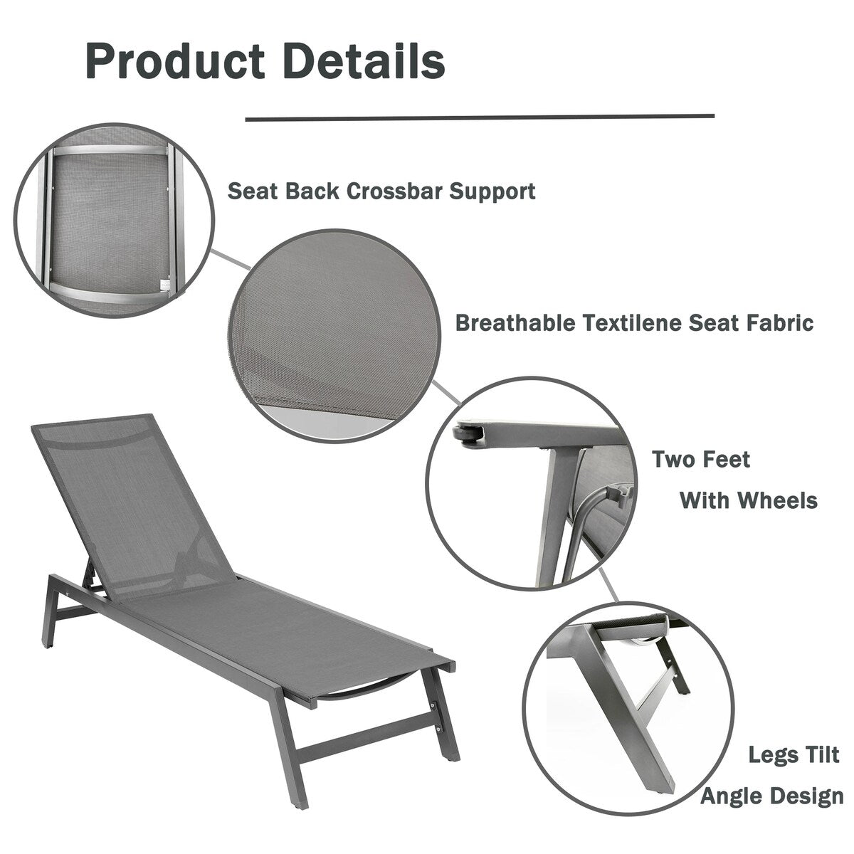 2-Piece All Weather Outdoor Patio Chaise Lounge Chairs with Five-Position Adjustable Aluminum Recliner
