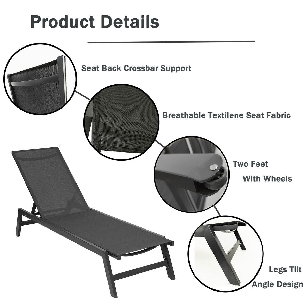 2-Piece All Weather Outdoor Patio Chaise Lounge Chairs with Five-Position Adjustable Aluminum Recliner