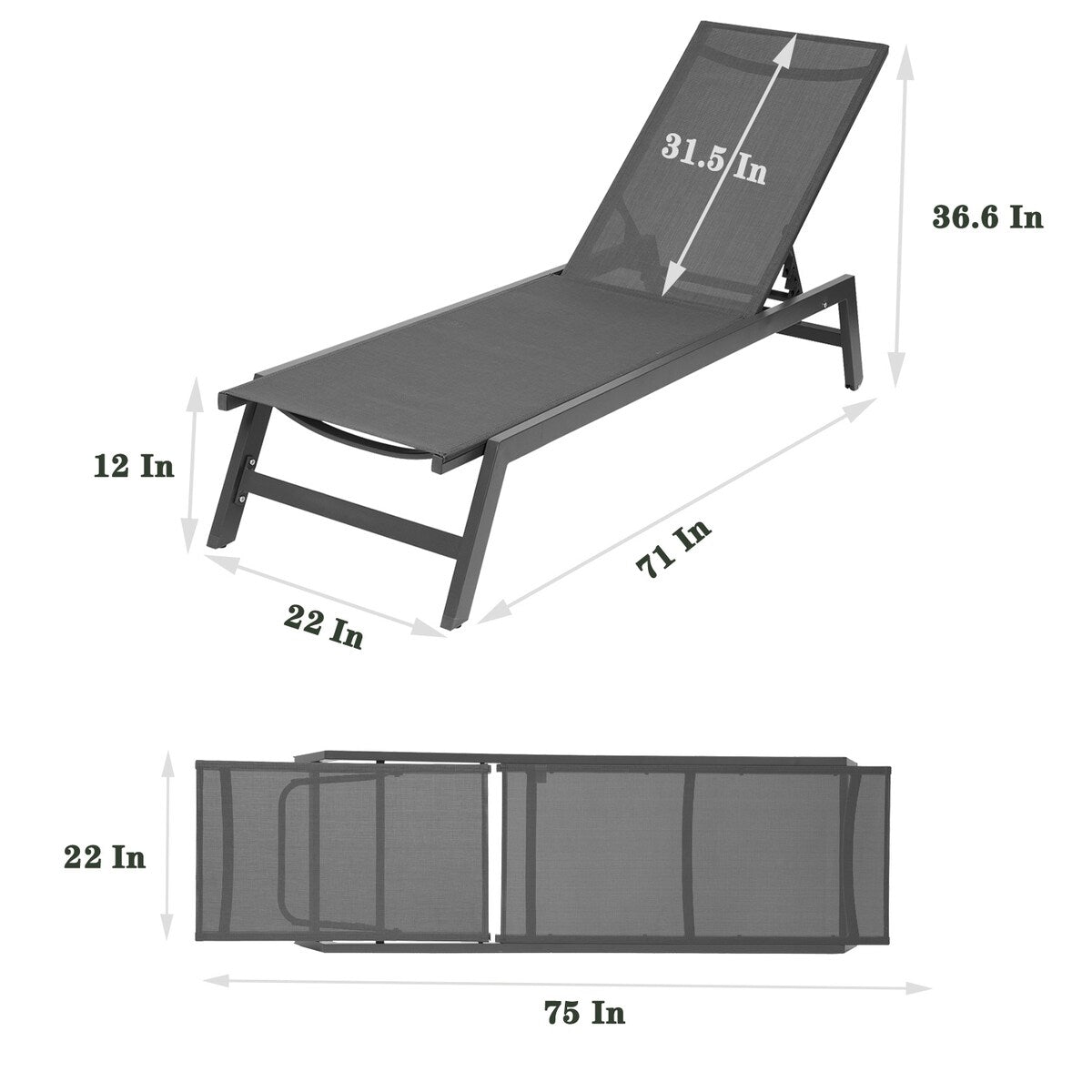2-Piece All Weather Outdoor Patio Chaise Lounge Chairs with Five-Position Adjustable Aluminum Recliner