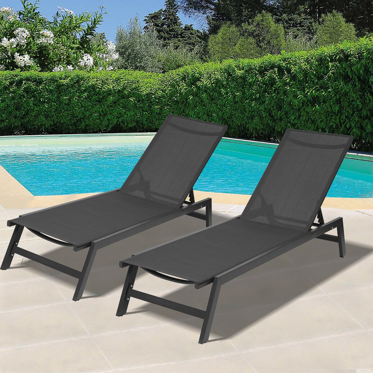 2-Piece All Weather Outdoor Patio Chaise Lounge Chairs with Five-Position Adjustable Aluminum Recliner