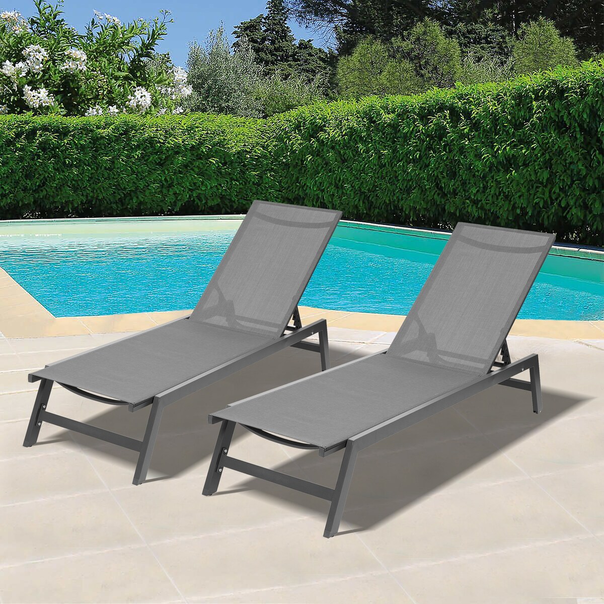 2-Piece All Weather Outdoor Patio Chaise Lounge Chairs with Five-Position Adjustable Aluminum Recliner
