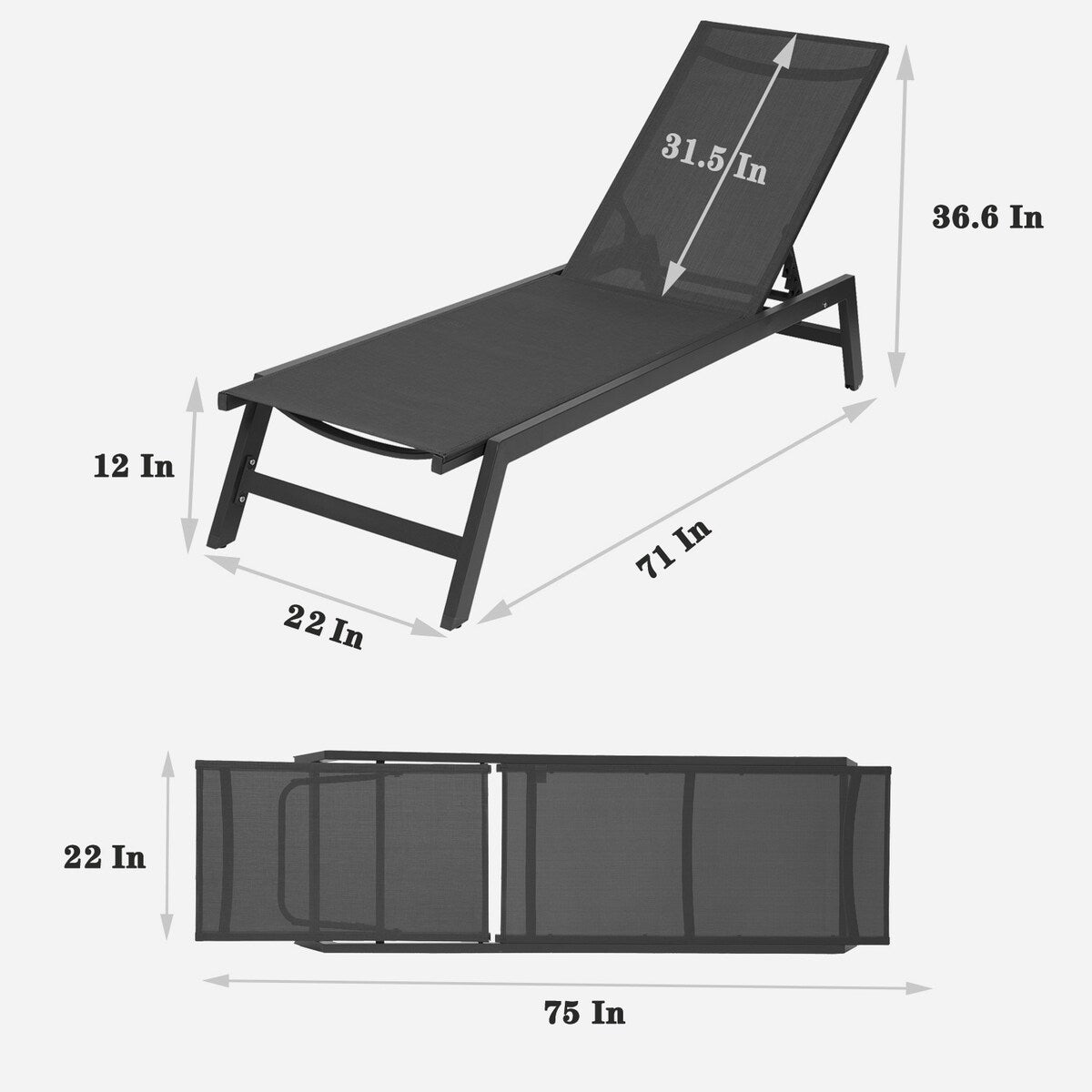 2-Piece All Weather Outdoor Patio Chaise Lounge Chairs with Five-Position Adjustable Aluminum Recliner