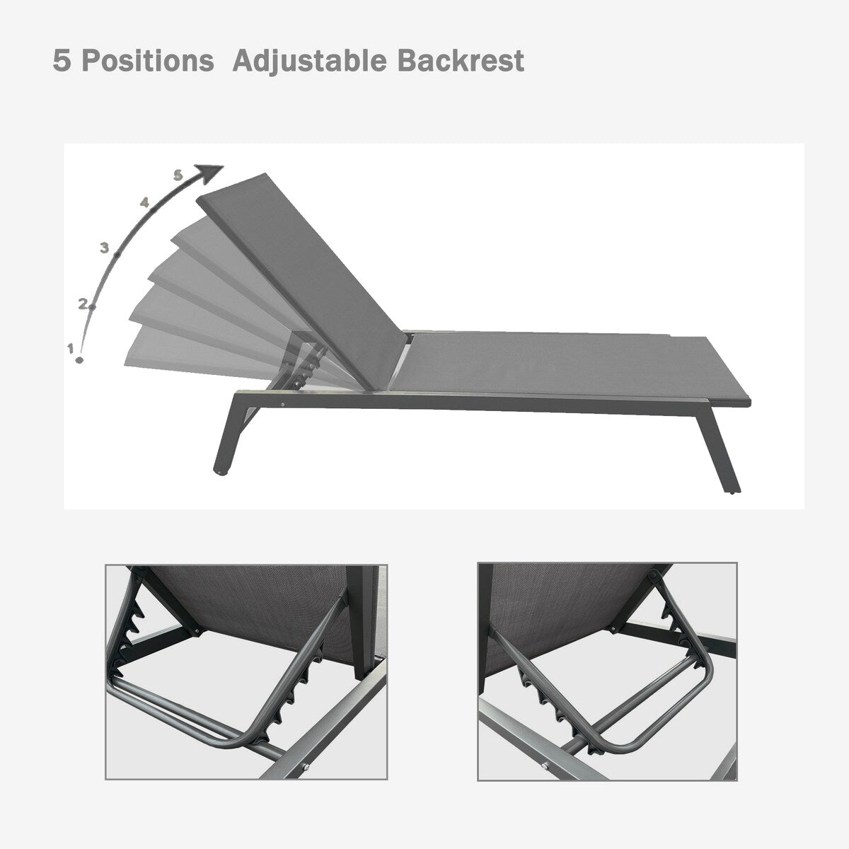 2-Piece All Weather Outdoor Patio Chaise Lounge Chairs with Five-Position Adjustable Aluminum Recliner