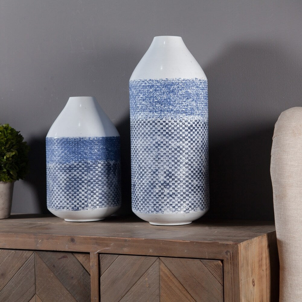 2 Piece Blue and White Metal Flower Vase